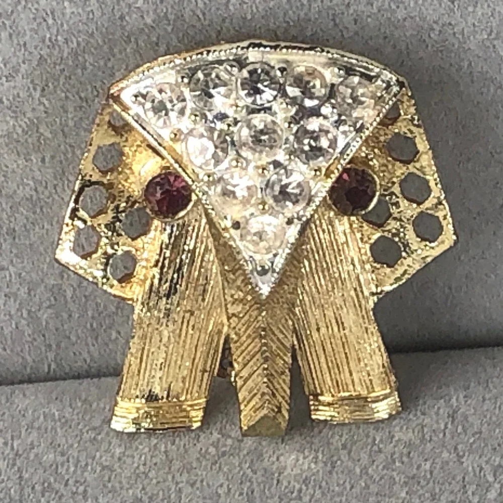Vintage Elephant Brooch Mid Century Modern Gold Tone Rhinestone Red Eyes Mod Pin